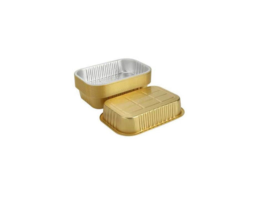 Gold Aluminum Rectangular Container with Plastic Lid 34oz.